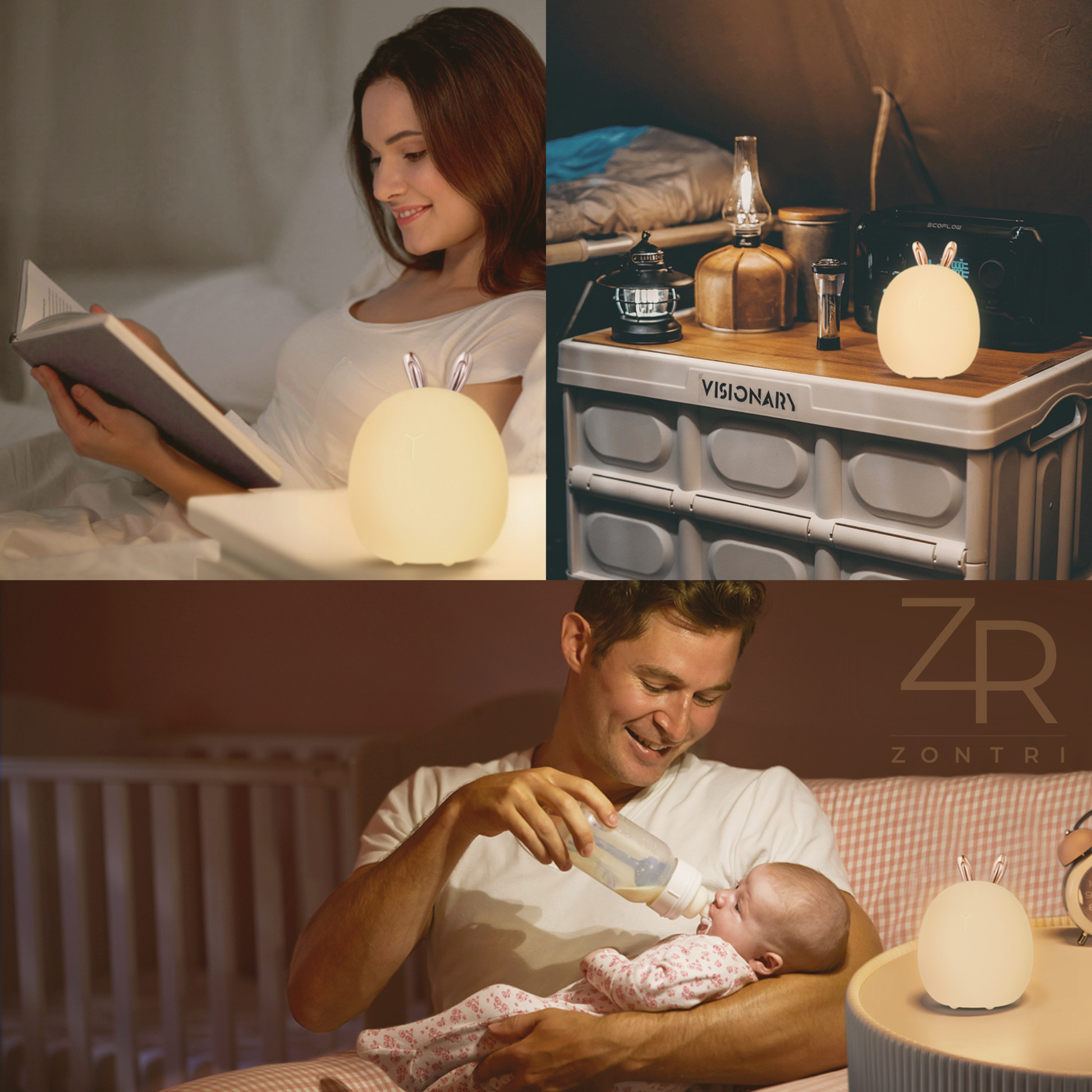 Collage of three lifestyle scenes with the silicone rabbit night light used for reading, camping and bedside comfort.