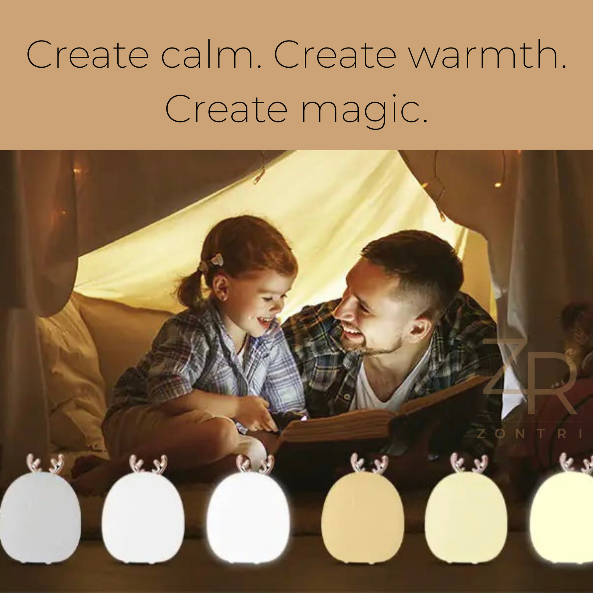 Father and daughter reading a bedtime story inside a cozy tent, illuminated by multiple soft silicone deer night lights.