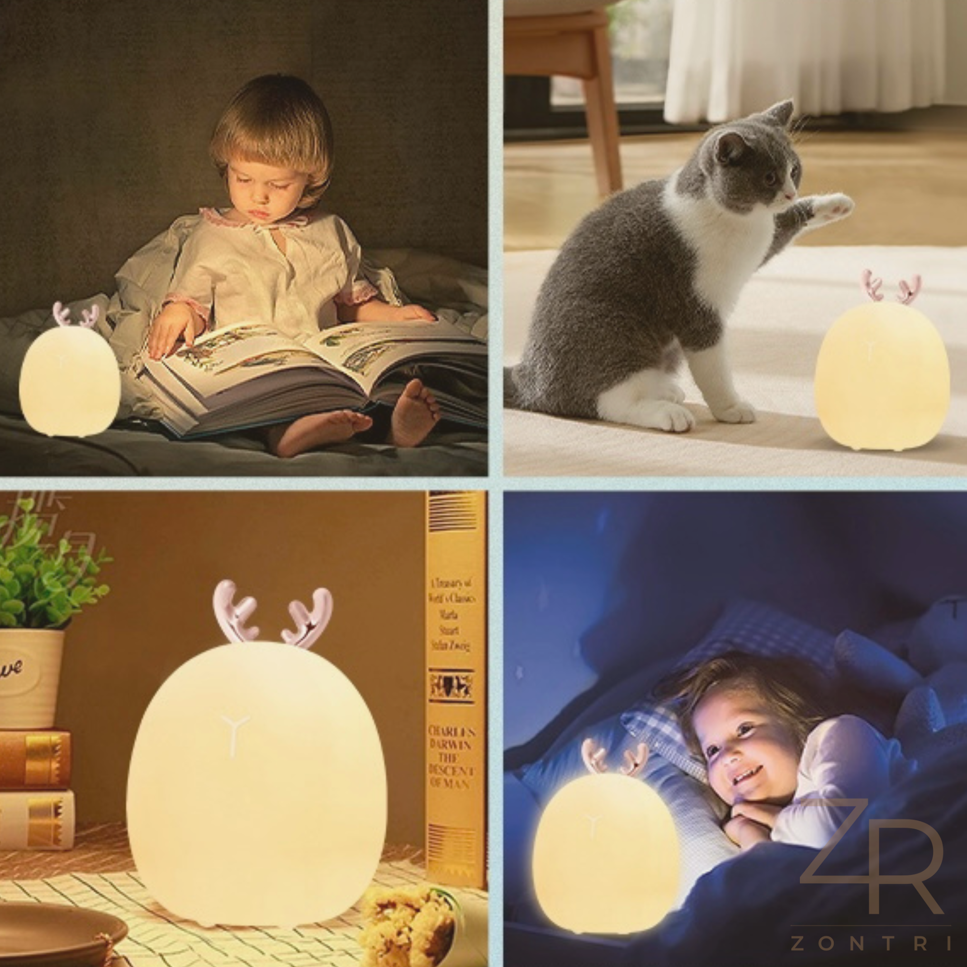 Collage of children reading, a cat playing, and a glowing deer night light used around the home for warm ambient lighting.