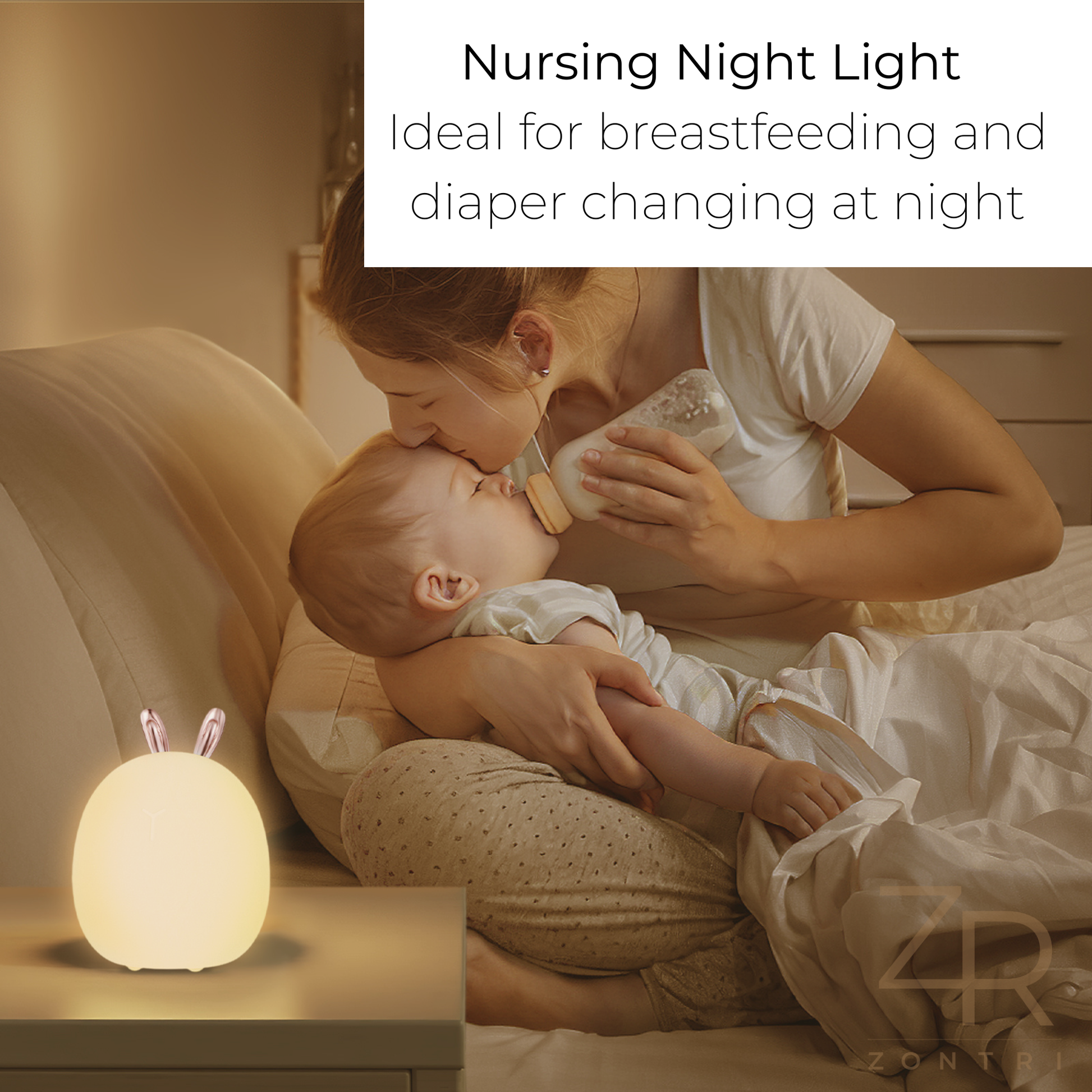 Mother bottle-feeding her baby in bed with a bunny night light and overlay text describing a nursing night light.