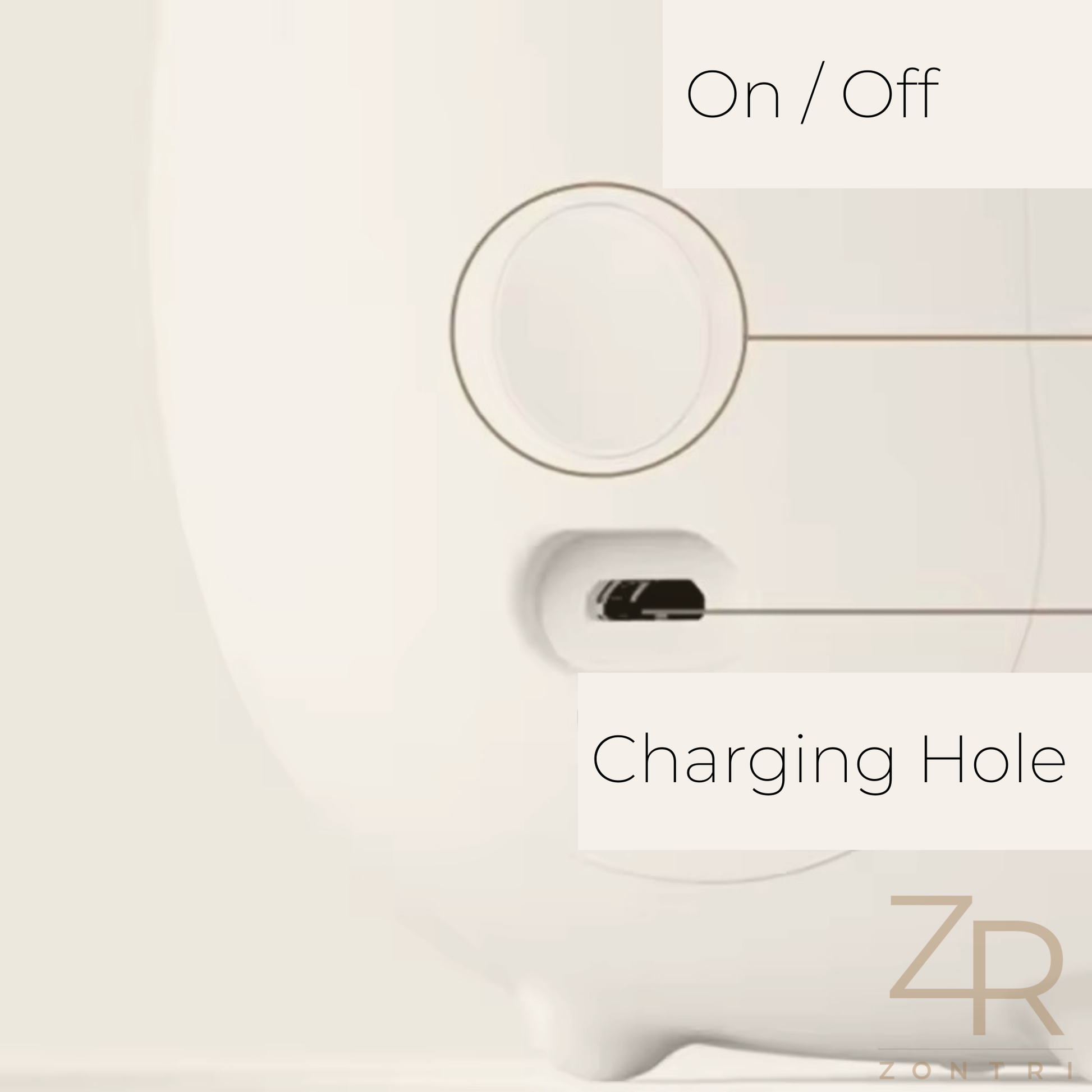 Styled nursery shelf or sideboard decorated with books, toys and a glowing silicone rabbit or deer night light. Photo showing On/Off charging mode.