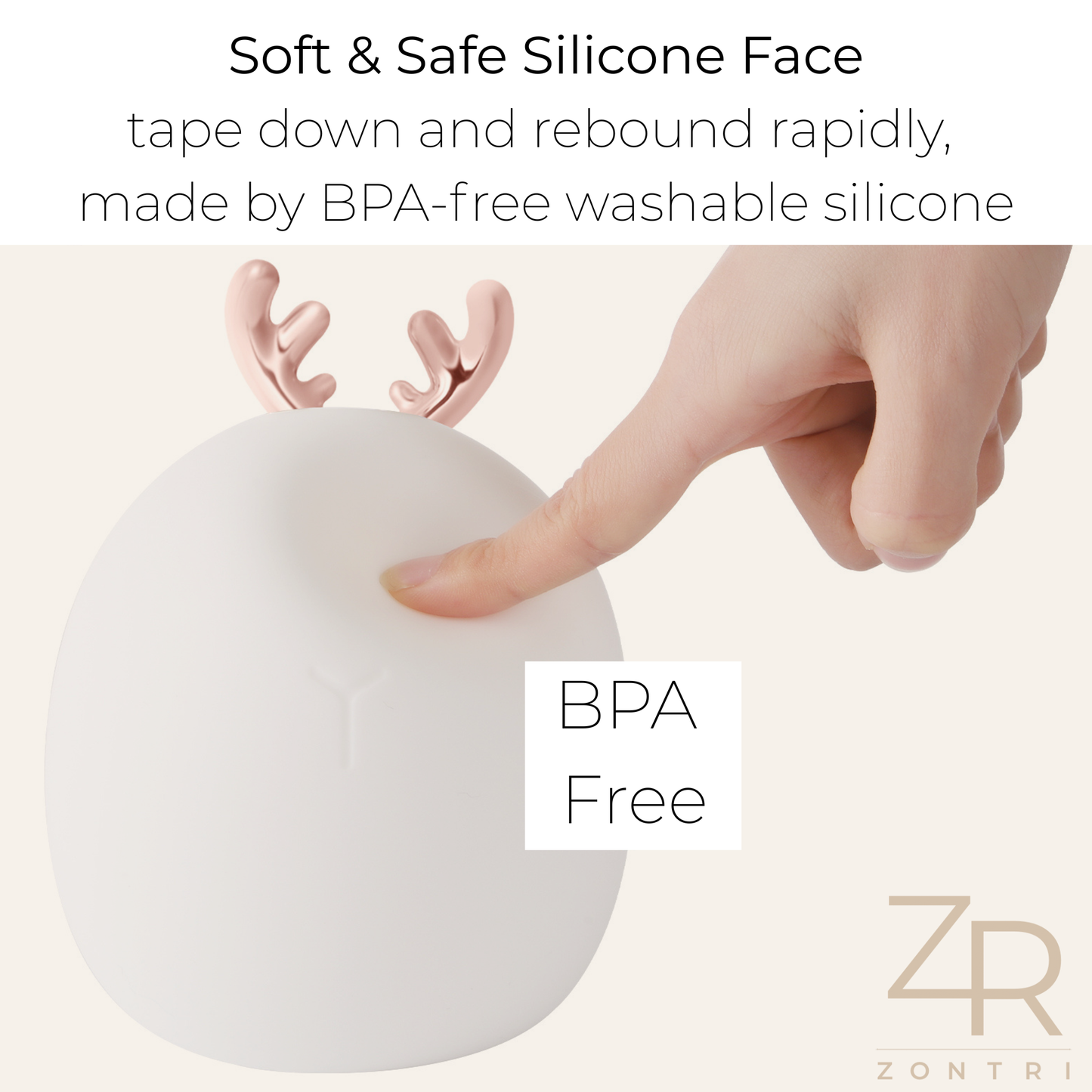 Macro shot showing the soft, flexible BPA-free silicone body of the baby night light.