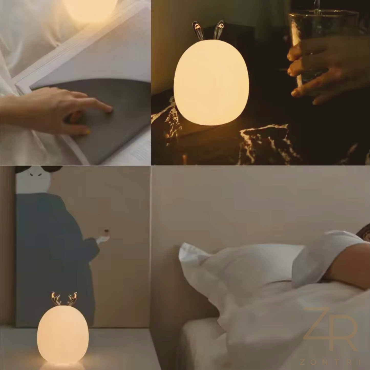 Collage of a night light on a table, a person holding a drink, a painting, and a bed with a night light.