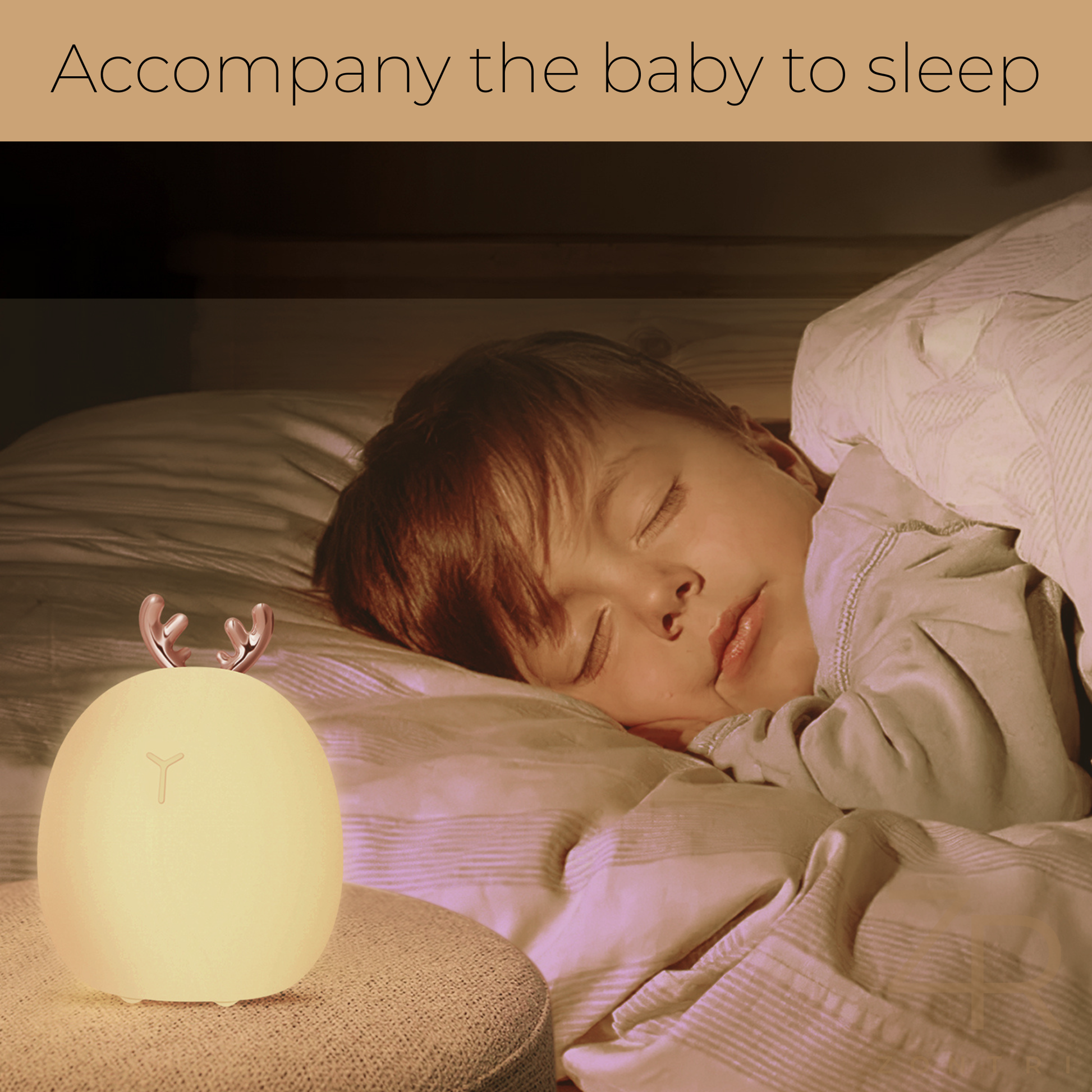 Sleeping baby in a cozy tent with icons showing 1 hour charging, 8-12 hours brightness, and long-lasting battery of the night light.