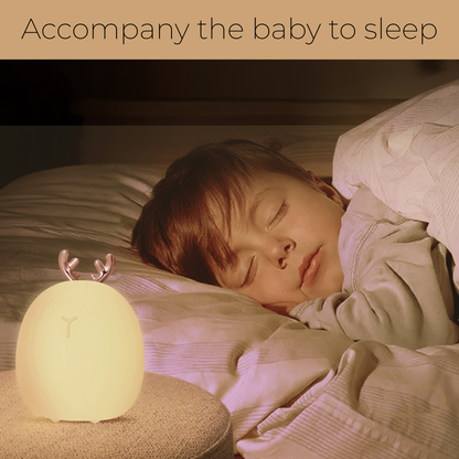 Sleeping baby in a cozy tent with icons showing 1 hour charging, 8-12 hours brightness, and long-lasting battery of the night light.